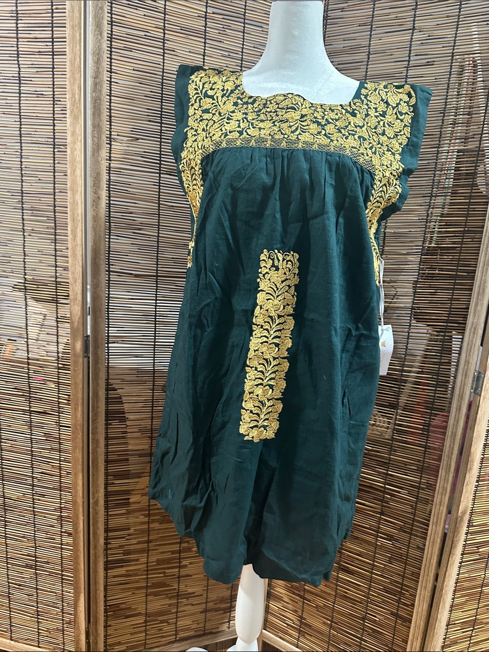 Embroidered Green Women’s Dress with Gold Accents